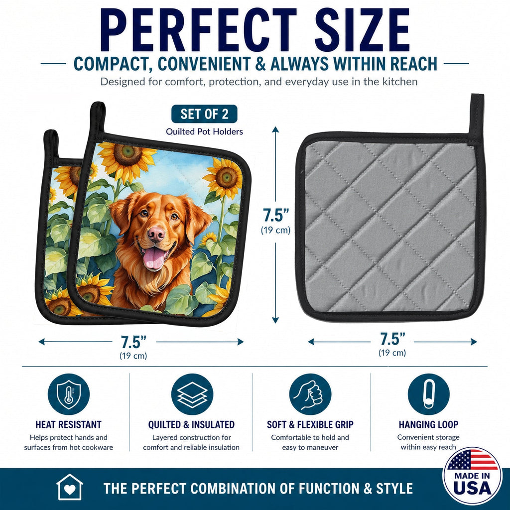 Nova Scotia Duck Toller in Sunflowers Pot Holder Set of 2 Heat Resistant Quilted Hot Pads 7.5 x 7.5 Inch, Insulated Kitchen Trivets for Cooking & Baking