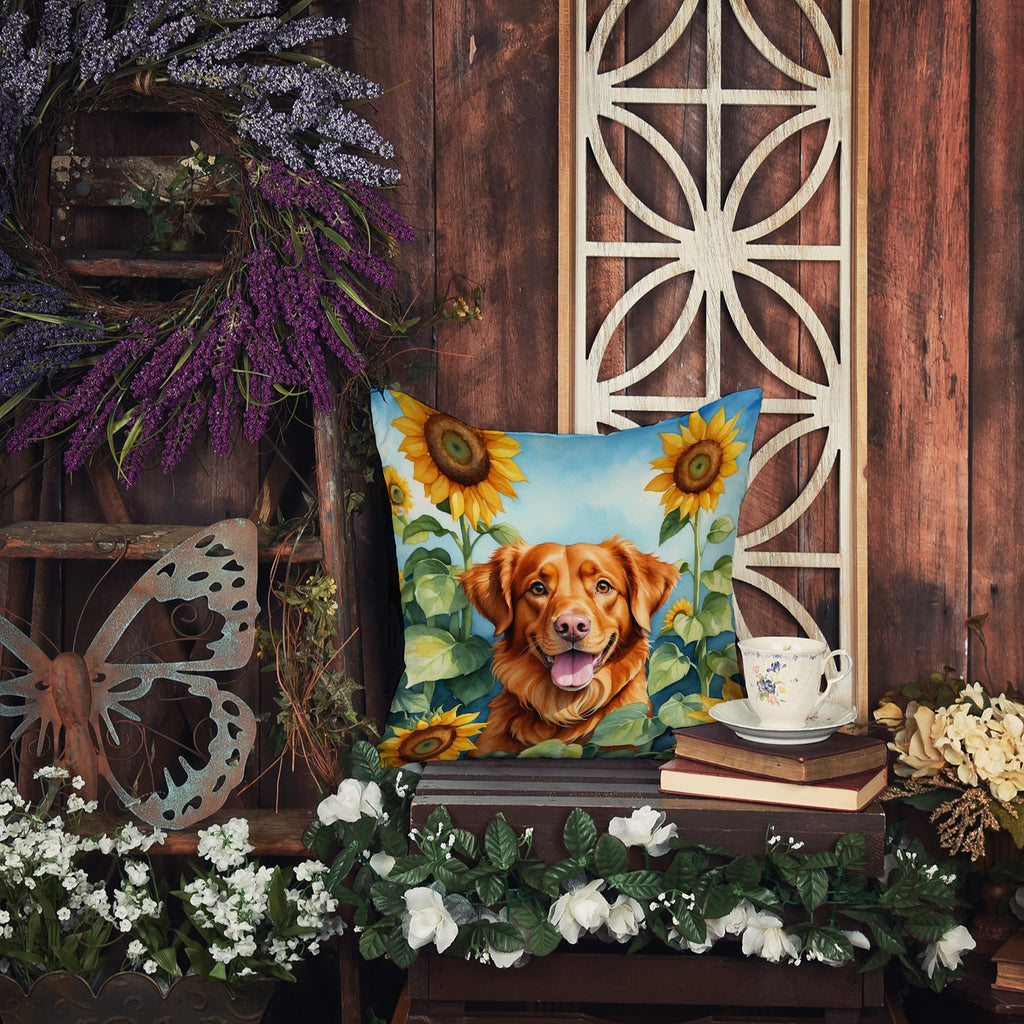 Nova Scotia Duck Toller in Sunflowers Decorative Throw Pillow 14x14 Indoor Outdoor Accent Cushion, Fabric Cover with Insert for Sofa, Bed, Porch & Living Room