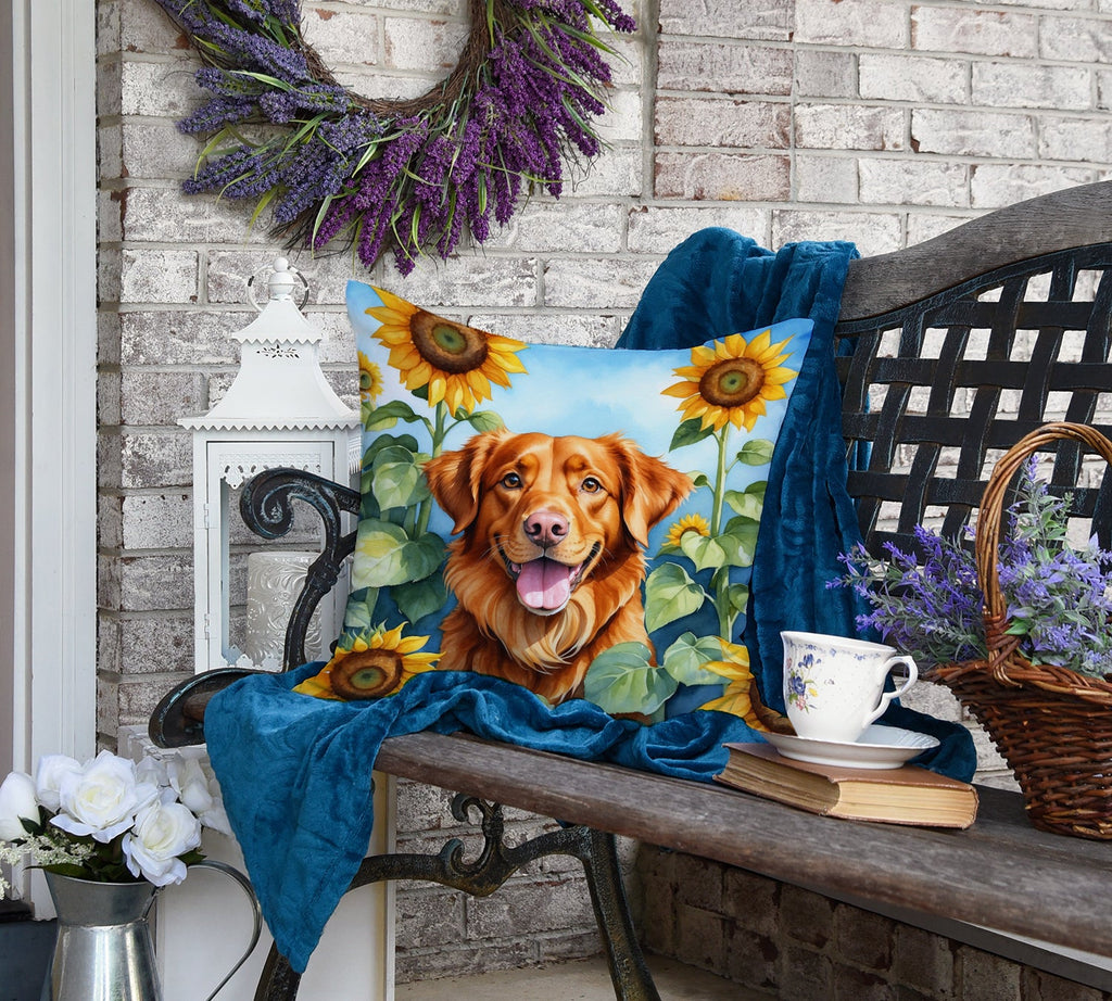 Nova Scotia Duck Toller in Sunflowers Decorative Throw Pillow 18x18 Indoor Outdoor Accent Cushion, Fabric Cover with Insert for Sofa, Bed, Porch & Living Room