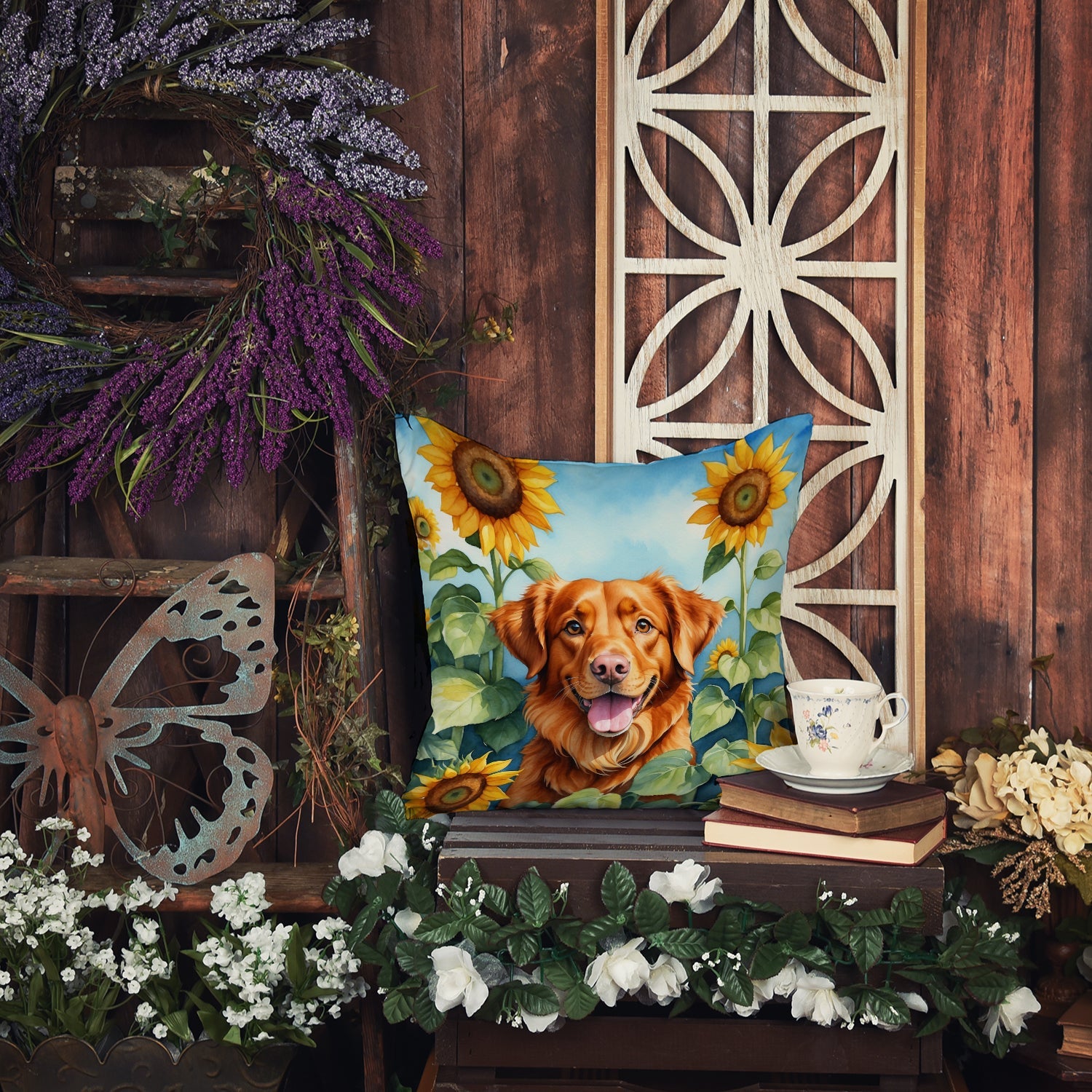 Nova Scotia Duck Toller in Sunflowers Decorative Throw Pillow 18x18 Indoor Outdoor Accent Cushion, Fabric Cover with Insert for Sofa, Bed, Porch & Living Room