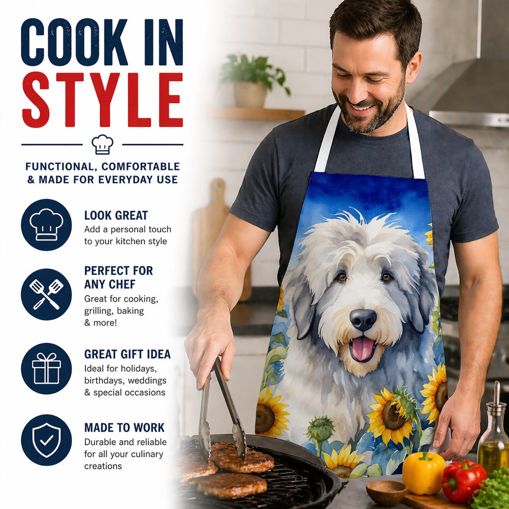 Old English Sheepdog in Sunflowers Apron Cooking Kitchen Server Baking Crafts Gardening for Adult Women Men, Unisex, Large, Multicolor