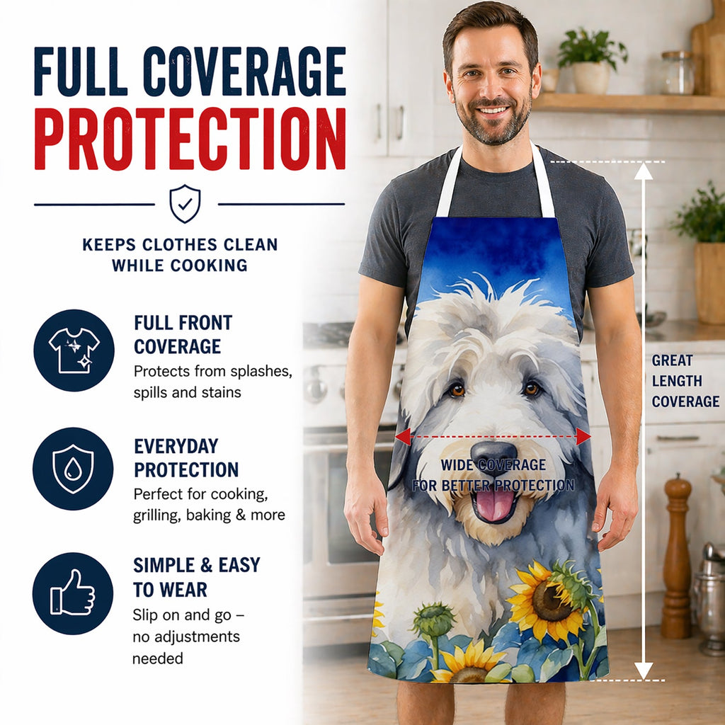Old English Sheepdog in Sunflowers Apron Cooking Kitchen Server Baking Crafts Gardening for Adult Women Men, Unisex, Large, Multicolor