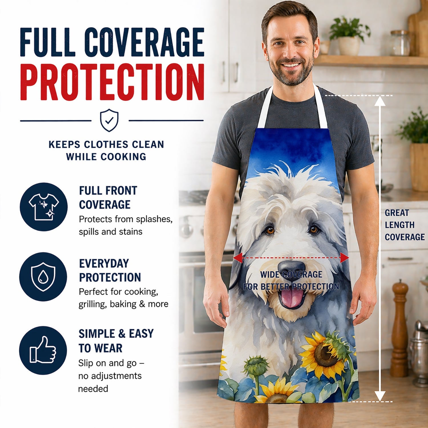 Old English Sheepdog in Sunflowers Apron Cooking Kitchen Server Baking Crafts Gardening for Adult Women Men, Unisex, Large, Multicolor
