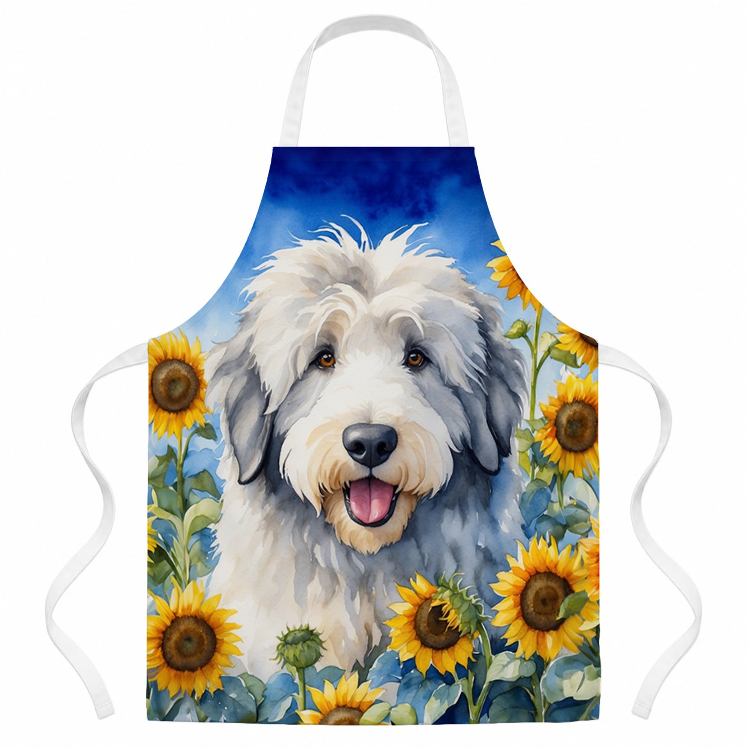 Old English Sheepdog in Sunflowers Apron Cooking Kitchen Server Baking Crafts Gardening for Adult Women Men, Unisex, Large, Multicolor