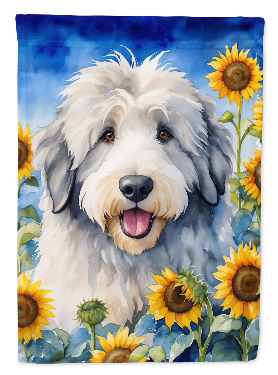 Old English Sheepdog in Sunflowers House Flag 28x40 Porch Sleeve Pole Decorative Outside Yard Banner Artwork Wall Hanging, Polyester