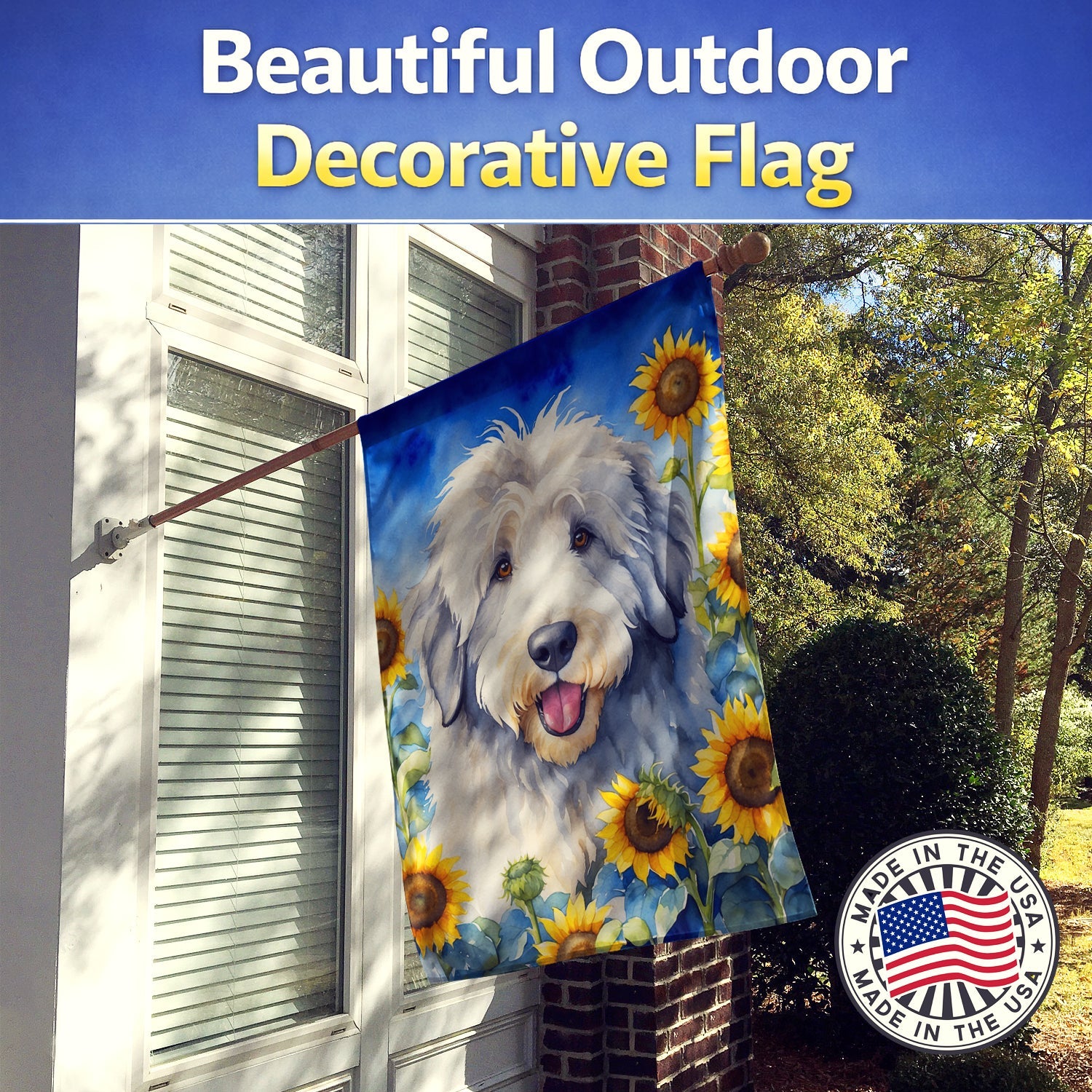 Old English Sheepdog in Sunflowers House Flag 28x40 Porch Sleeve Pole Decorative Outside Yard Banner Artwork Wall Hanging, Polyester