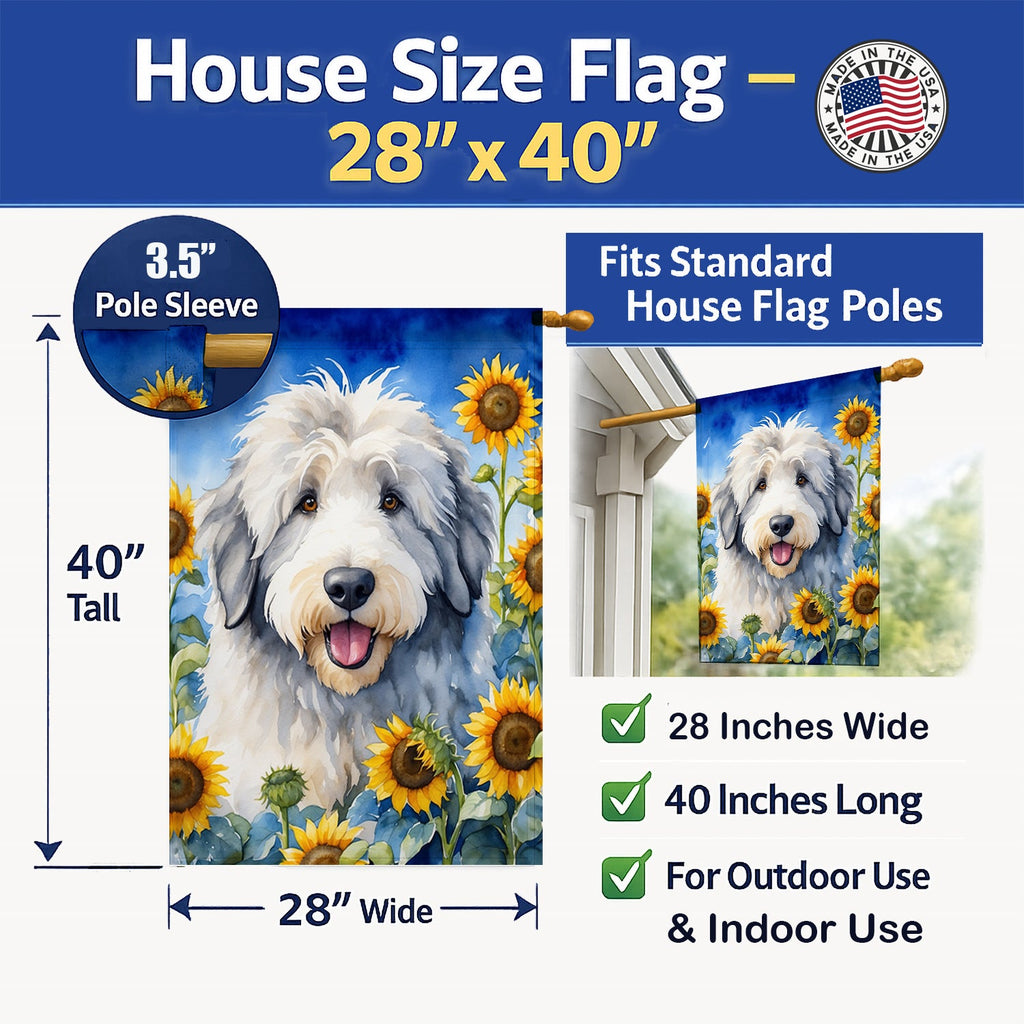 Old English Sheepdog in Sunflowers House Flag 28x40 Porch Sleeve Pole Decorative Outside Yard Banner Artwork Wall Hanging, Polyester