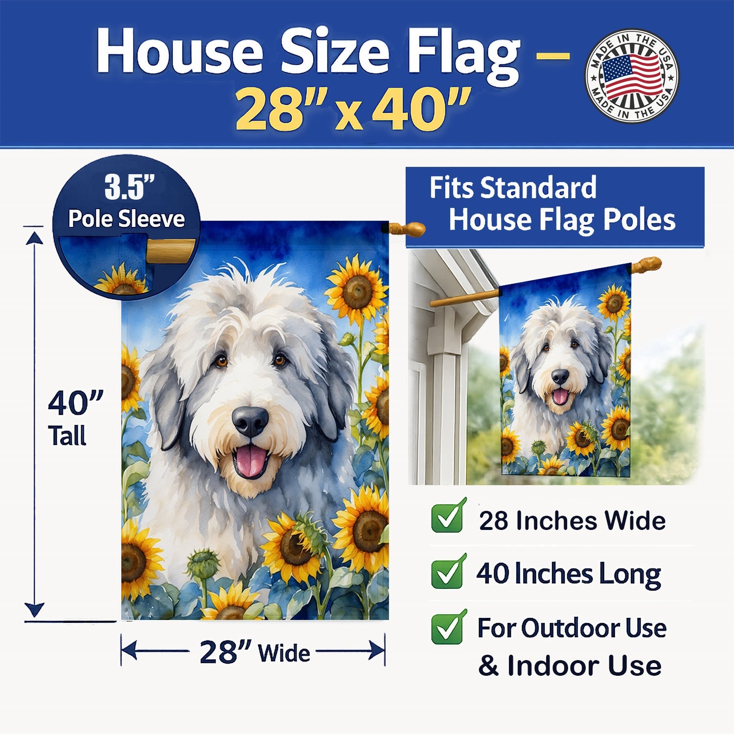 Old English Sheepdog in Sunflowers House Flag 28x40 Porch Sleeve Pole Decorative Outside Yard Banner Artwork Wall Hanging, Polyester
