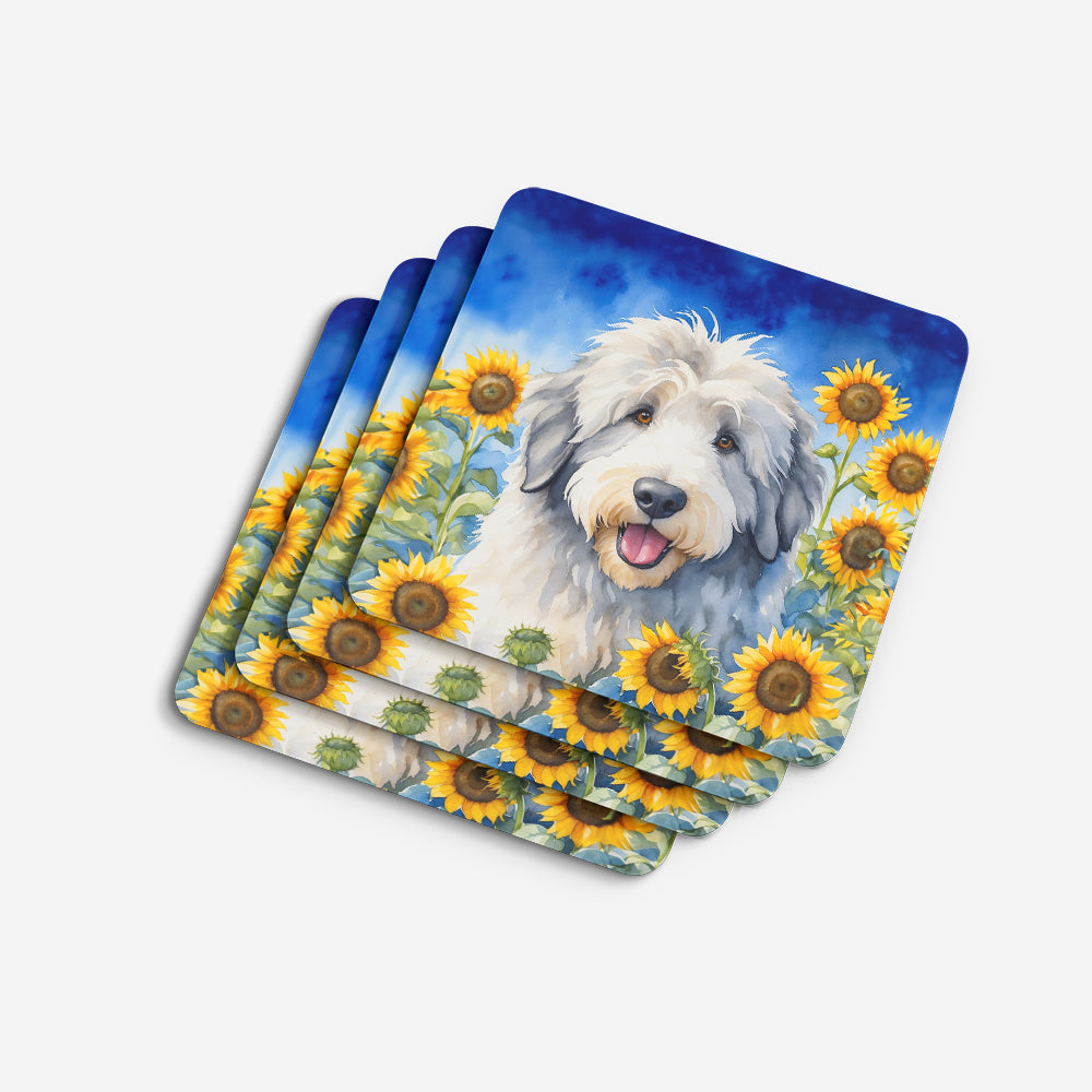 Old English Sheepdog in Sunflowers Foam Coasters Set of 4 Cup Coasters for Indoor Outdoor, Tabletop Protection, Anti Slip, Mouse pad Material