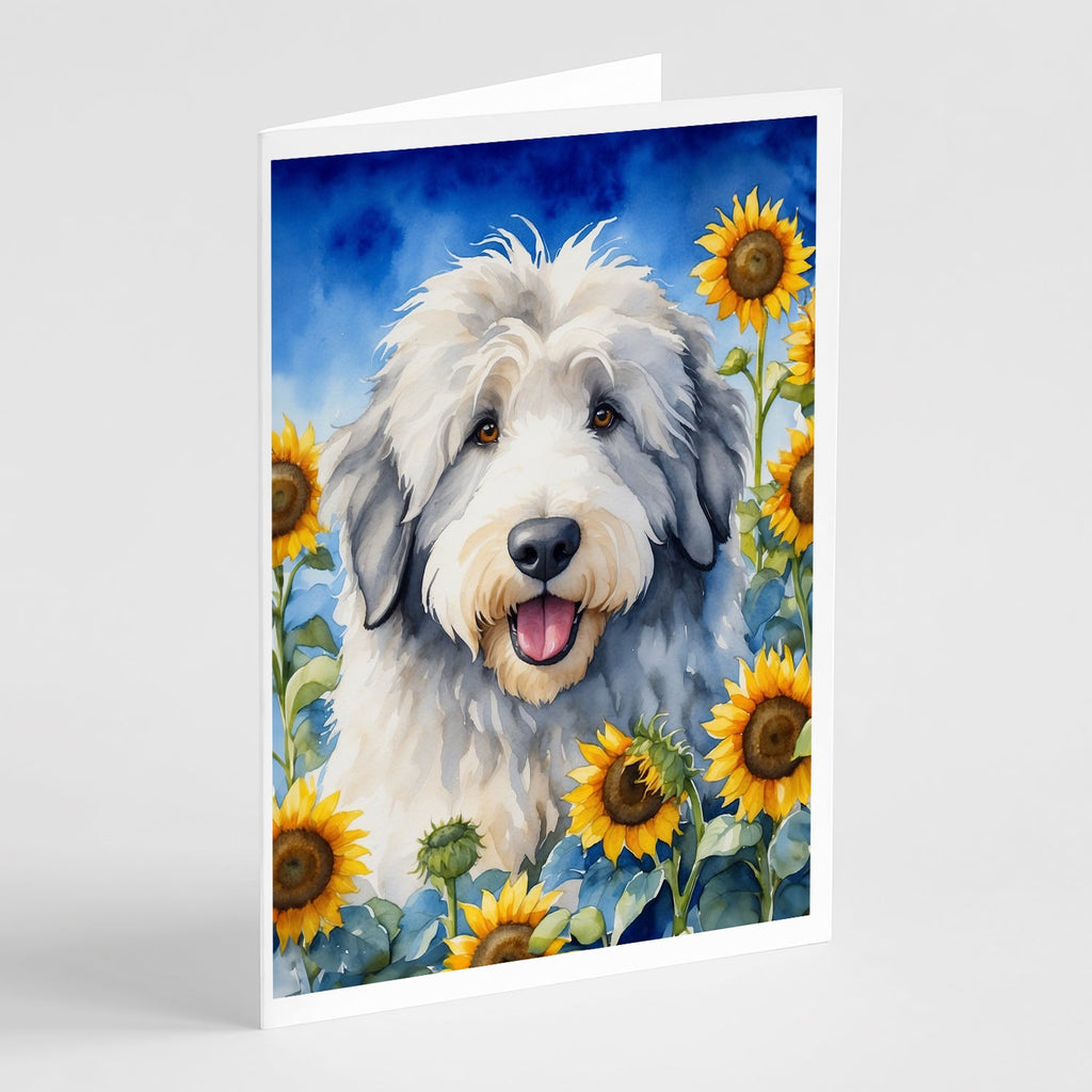 Old English Sheepdog in Sunflowers Greeting Cards Pack of 8 Blank Cards with Envelopes Whimsical A7 Size 5x7
