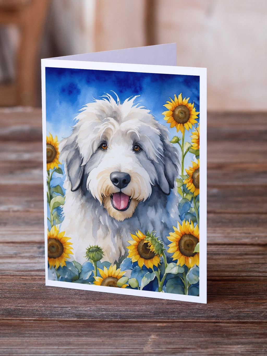 Old English Sheepdog in Sunflowers Greeting Cards Pack of 8 Blank Cards with Envelopes Whimsical A7 Size 5x7