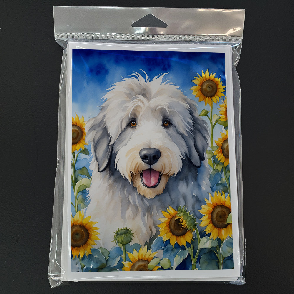 Old English Sheepdog in Sunflowers Greeting Cards Pack of 8 Blank Cards with Envelopes Whimsical A7 Size 5x7