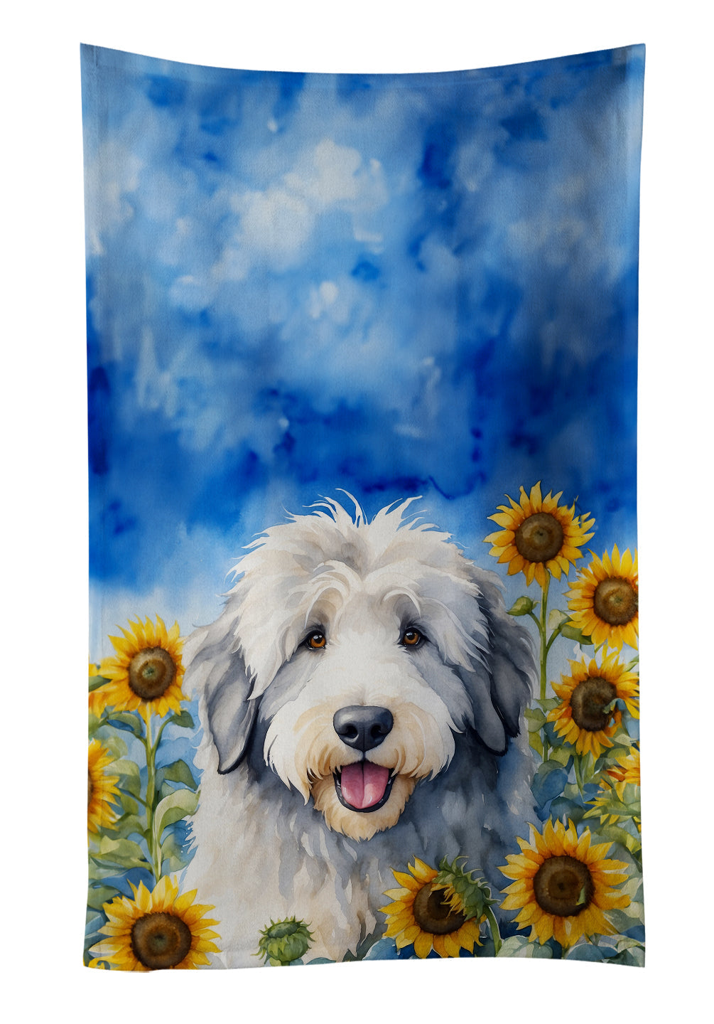 Old English Sheepdog in Sunflowers Kitchen Towel Velour Plush Front and Cotton Loop Back Machine Washable