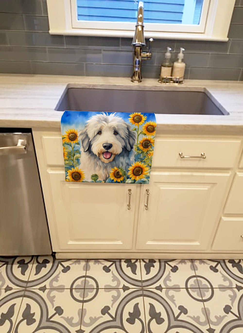 Old English Sheepdog in Sunflowers Kitchen Towel Velour Plush Front and Cotton Loop Back Machine Washable