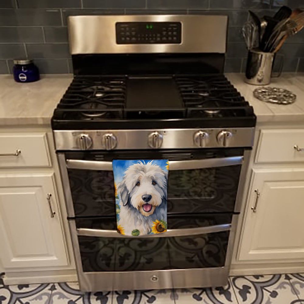 Old English Sheepdog in Sunflowers Kitchen Towel Velour Plush Front and Cotton Loop Back Machine Washable
