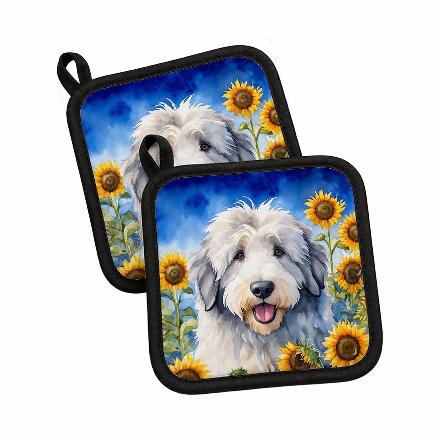 Old English Sheepdog in Sunflowers Pot Holder Set of 2 Heat Resistant Quilted Hot Pads 7.5 x 7.5 Inch, Insulated Kitchen Trivets for Cooking & Baking
