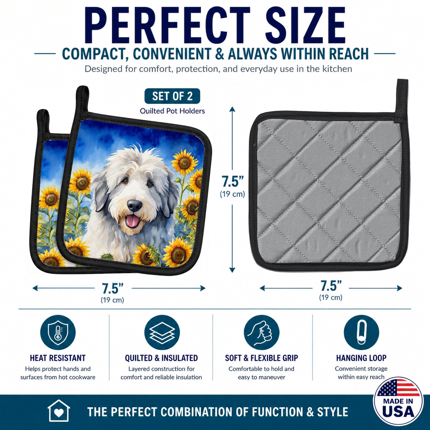 Old English Sheepdog in Sunflowers Pot Holder Set of 2 Heat Resistant Quilted Hot Pads 7.5 x 7.5 Inch, Insulated Kitchen Trivets for Cooking & Baking
