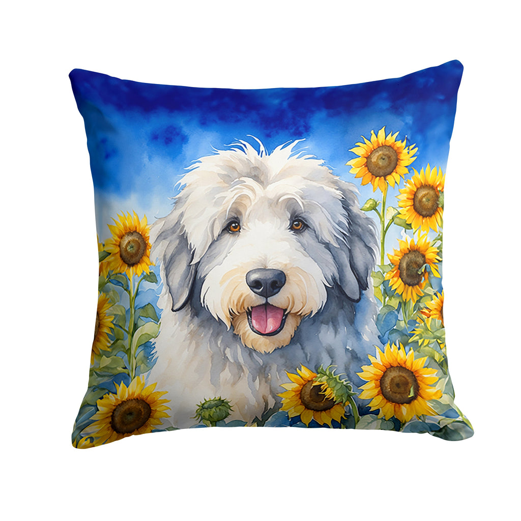 Old English Sheepdog in Sunflowers Decorative Throw Pillow 14x14 Indoor Outdoor Accent Cushion, Fabric Cover with Insert for Sofa, Bed, Porch & Living Room
