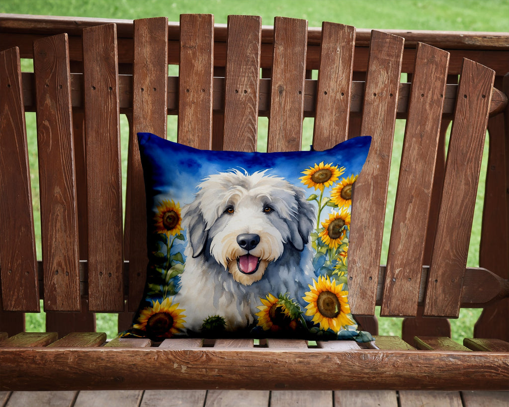 Old English Sheepdog in Sunflowers Decorative Throw Pillow 14x14 Indoor Outdoor Accent Cushion, Fabric Cover with Insert for Sofa, Bed, Porch & Living Room