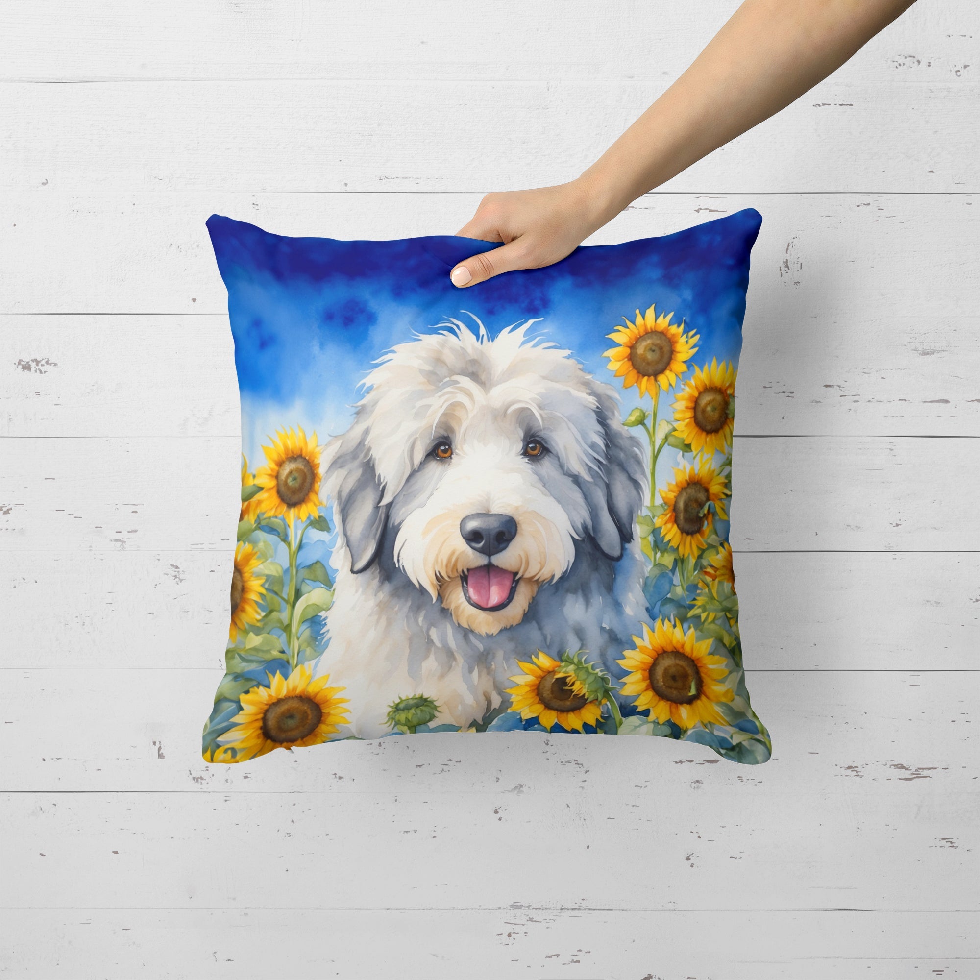 Old English Sheepdog in Sunflowers Decorative Throw Pillow 18x18 Indoor Outdoor Accent Cushion, Fabric Cover with Insert for Sofa, Bed, Porch & Living Room