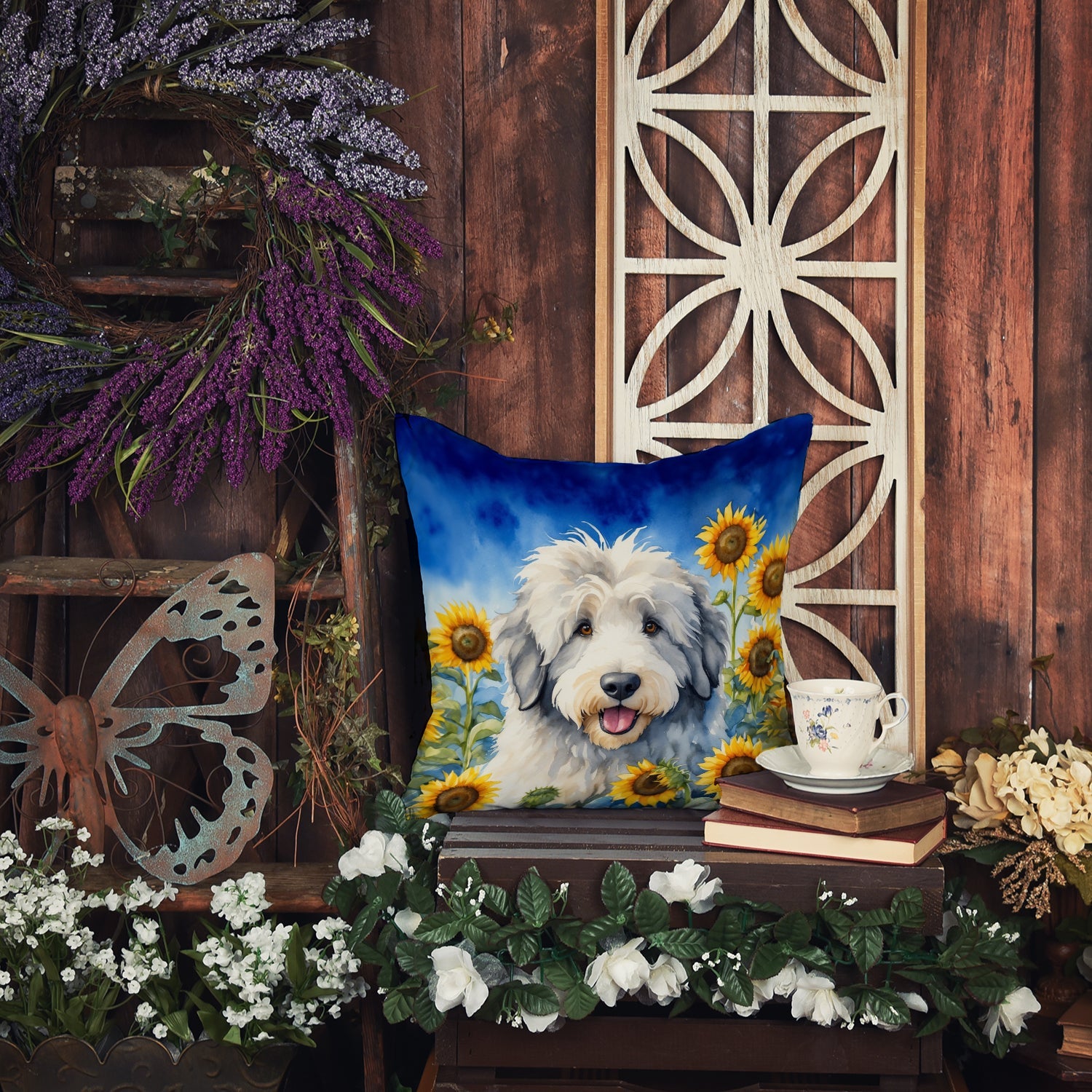 Old English Sheepdog in Sunflowers Decorative Throw Pillow 18x18 Indoor Outdoor Accent Cushion, Fabric Cover with Insert for Sofa, Bed, Porch & Living Room