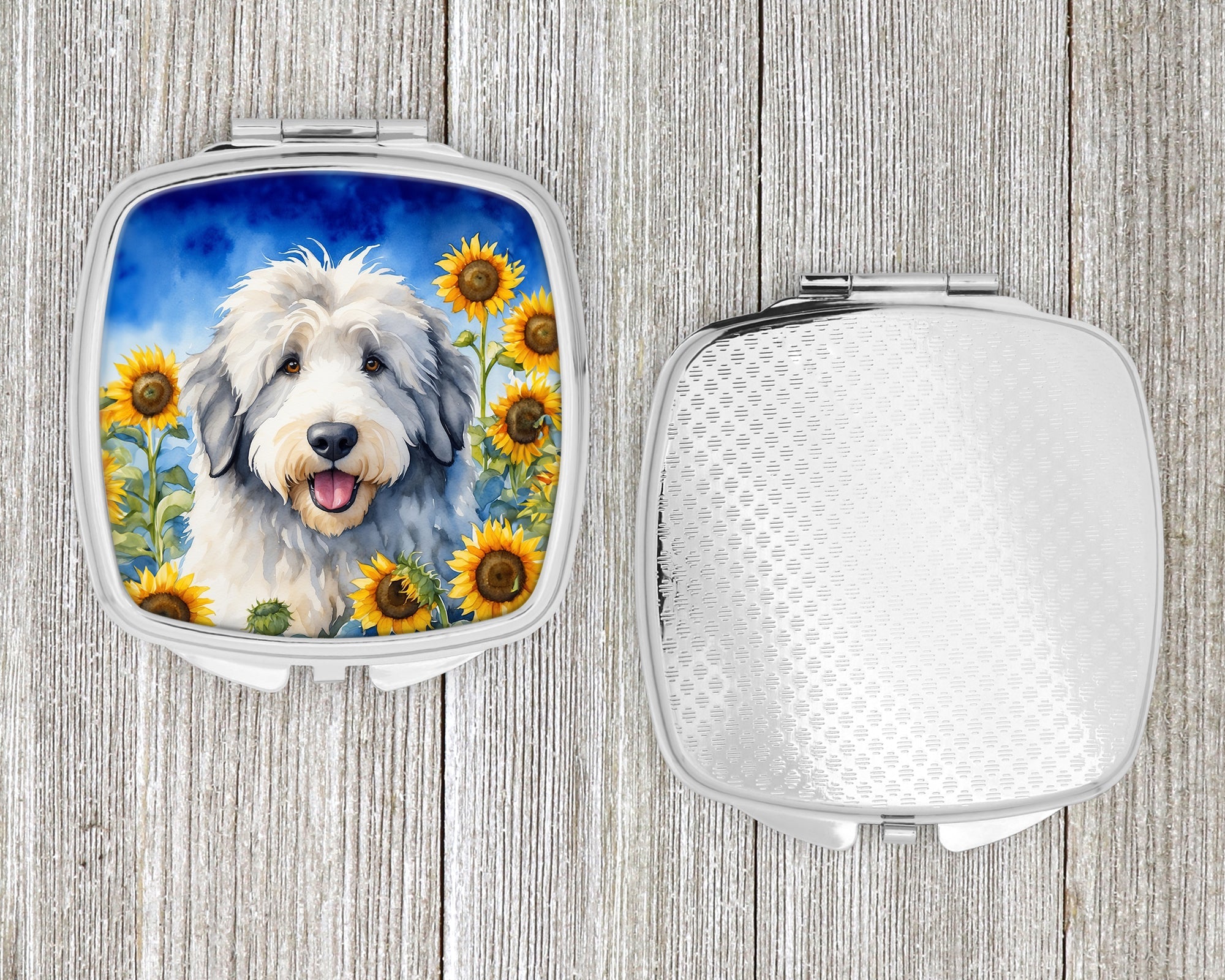 Old English Sheepdog in Sunflowers Compact Mirror Decorative Travel Makeup Mirror for Women Girls Gifts Pocket Makeup Mirror Folding Handheld
