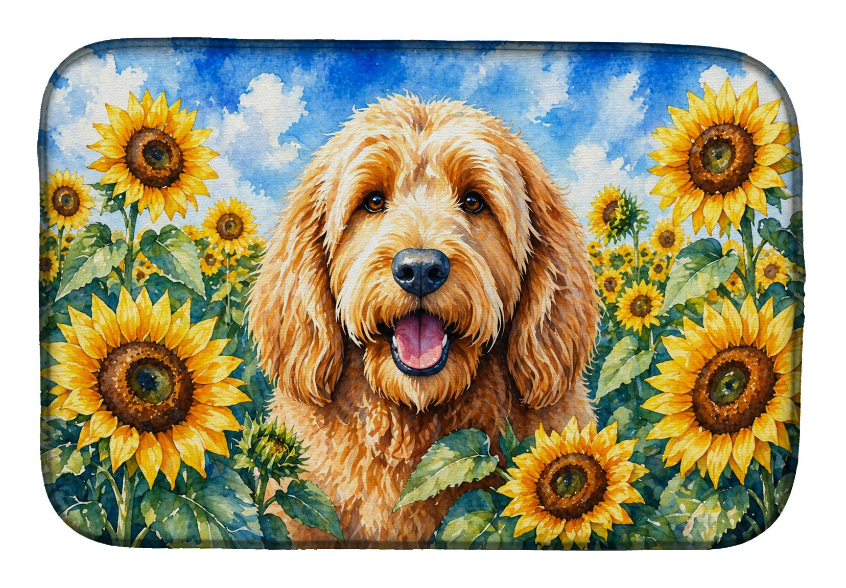 Otterhound in Sunflowers Dish Drying Mat Absorbent Dish Drying Mat Pad for Kitchen Counter Dish Drainer Mat for Countertop, 14 x 21", Multicolor