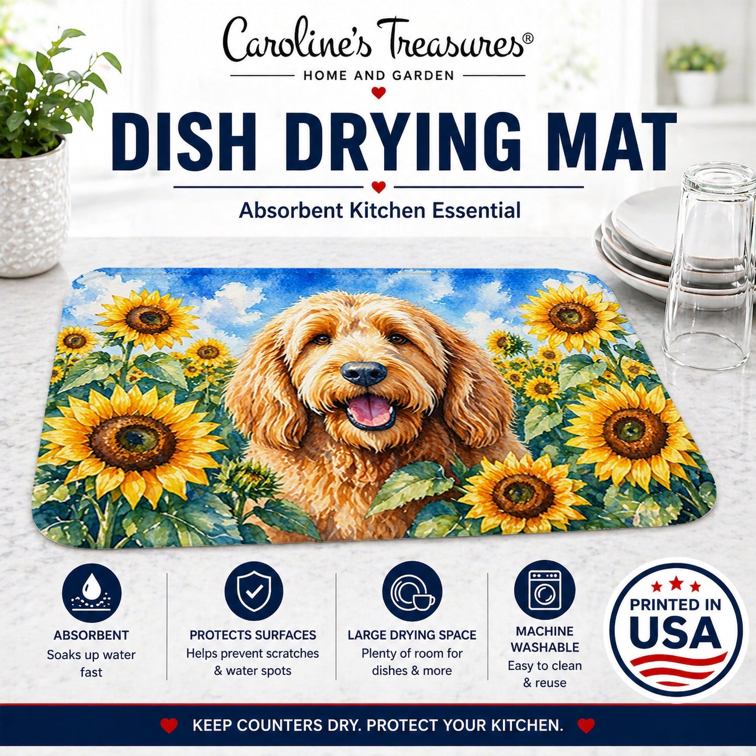 Otterhound in Sunflowers Dish Drying Mat Absorbent Dish Drying Mat Pad for Kitchen Counter Dish Drainer Mat for Countertop, 14 x 21", Multicolor