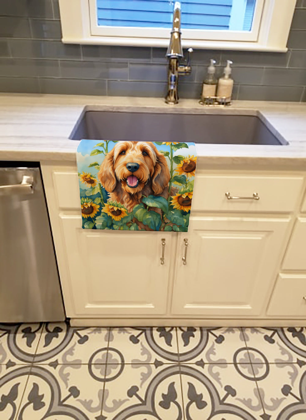 Otterhound in Sunflowers Kitchen Towel Velour Plush Front and Cotton Loop Back Machine Washable
