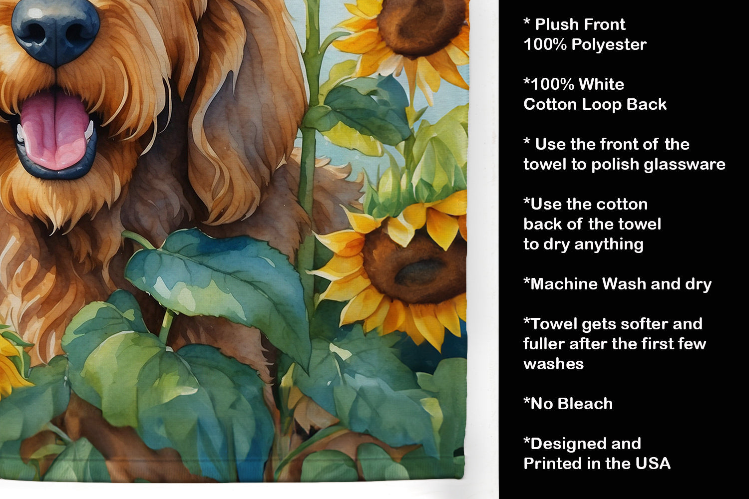 Otterhound in Sunflowers Kitchen Towel Velour Plush Front and Cotton Loop Back Machine Washable