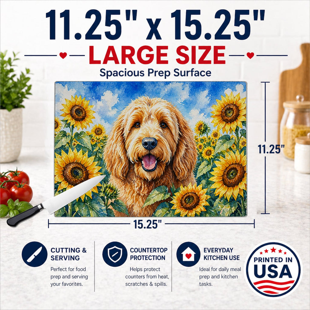 Otterhound in Sunflowers Cutting Board Tempered Glass Kitchen Cutting Surface, Heat Resistant Chopping Board with Non-Slip Feet, Decorative Food Prep & Serving