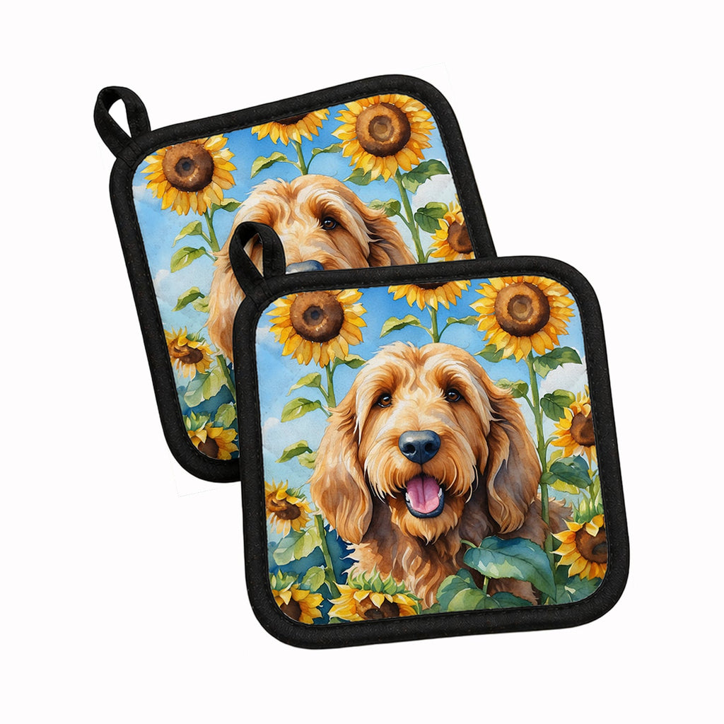 Otterhound in Sunflowers Pot Holder Set of 2 Heat Resistant Quilted Hot Pads 7.5 x 7.5 Inch, Insulated Kitchen Trivets for Cooking & Baking