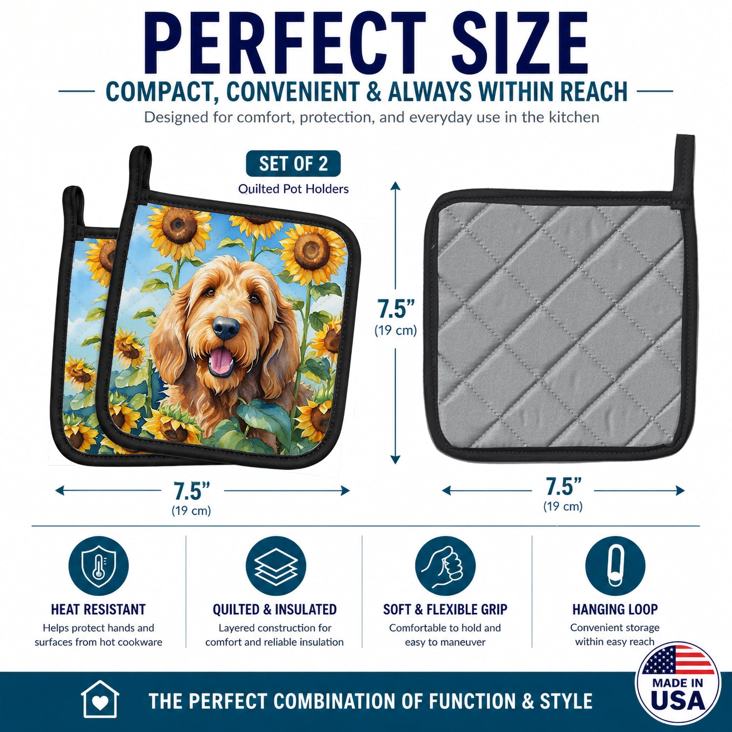 Otterhound in Sunflowers Pot Holder Set of 2 Heat Resistant Quilted Hot Pads 7.5 x 7.5 Inch, Insulated Kitchen Trivets for Cooking & Baking