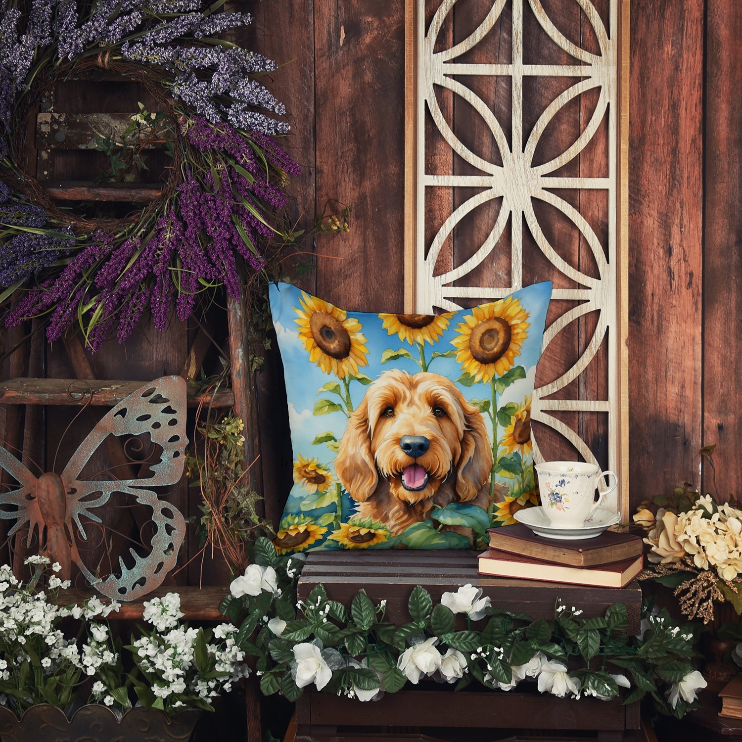 Otterhound in Sunflowers Decorative Throw Pillow 18x18 Indoor Outdoor Accent Cushion, Fabric Cover with Insert for Sofa, Bed, Porch & Living Room