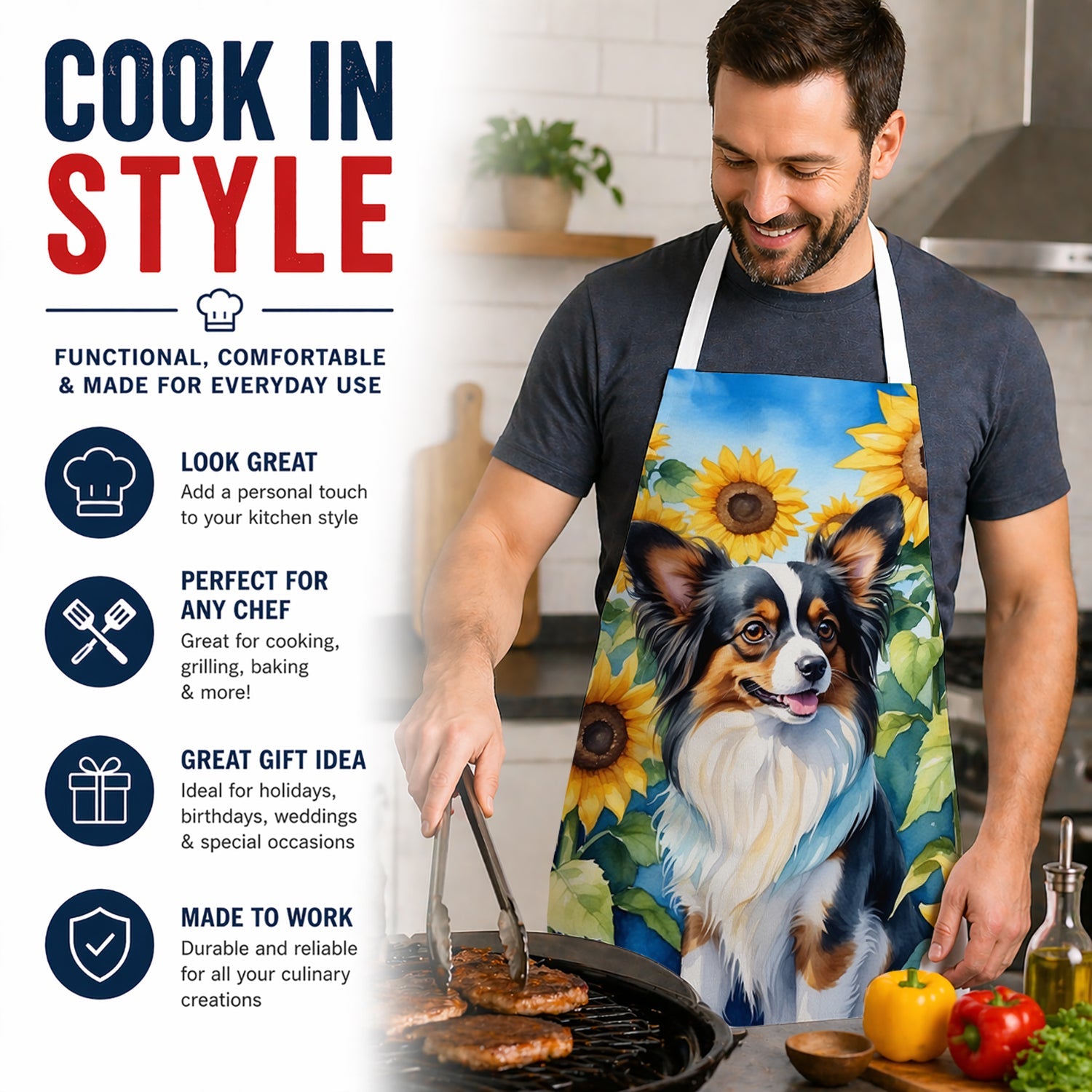 Papillon in Sunflowers Apron Cooking Kitchen Server Baking Crafts Gardening for Adult Women Men, Unisex, Large, Multicolor