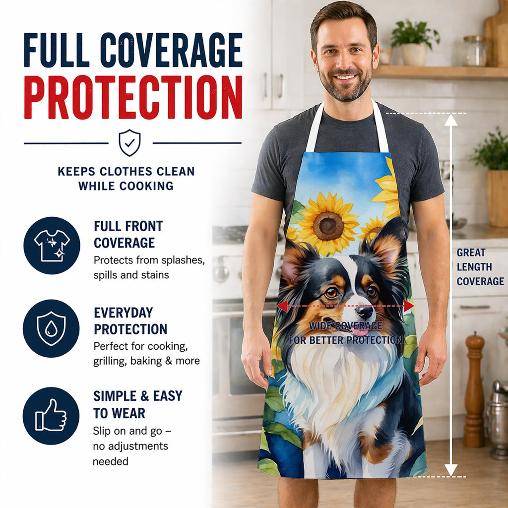 Papillon in Sunflowers Apron Cooking Kitchen Server Baking Crafts Gardening for Adult Women Men, Unisex, Large, Multicolor