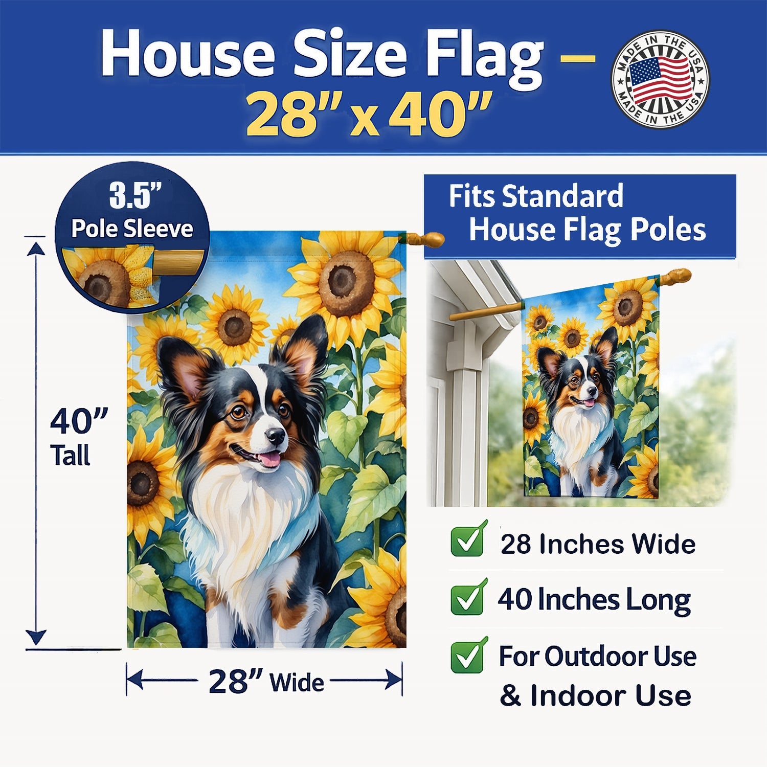 Papillon in Sunflowers House Flag 28x40 Porch Sleeve Pole Decorative Outside Yard Banner Artwork Wall Hanging, Polyester