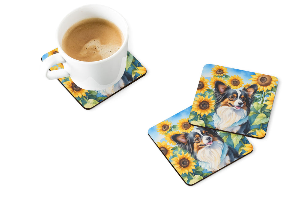 Papillon in Sunflowers Foam Coasters Set of 4 Cup Coasters for Indoor Outdoor, Tabletop Protection, Anti Slip, Mouse pad Material
