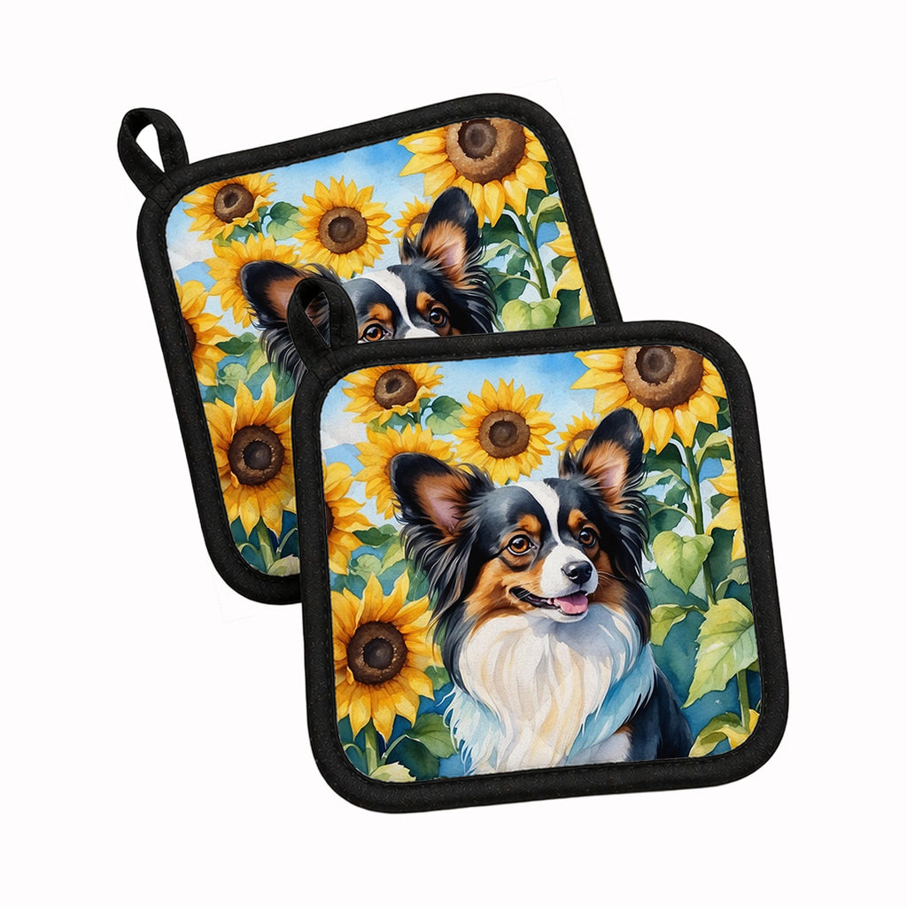Papillon in Sunflowers Pot Holder Set of 2 Heat Resistant Quilted Hot Pads 7.5 x 7.5 Inch, Insulated Kitchen Trivets for Cooking & Baking