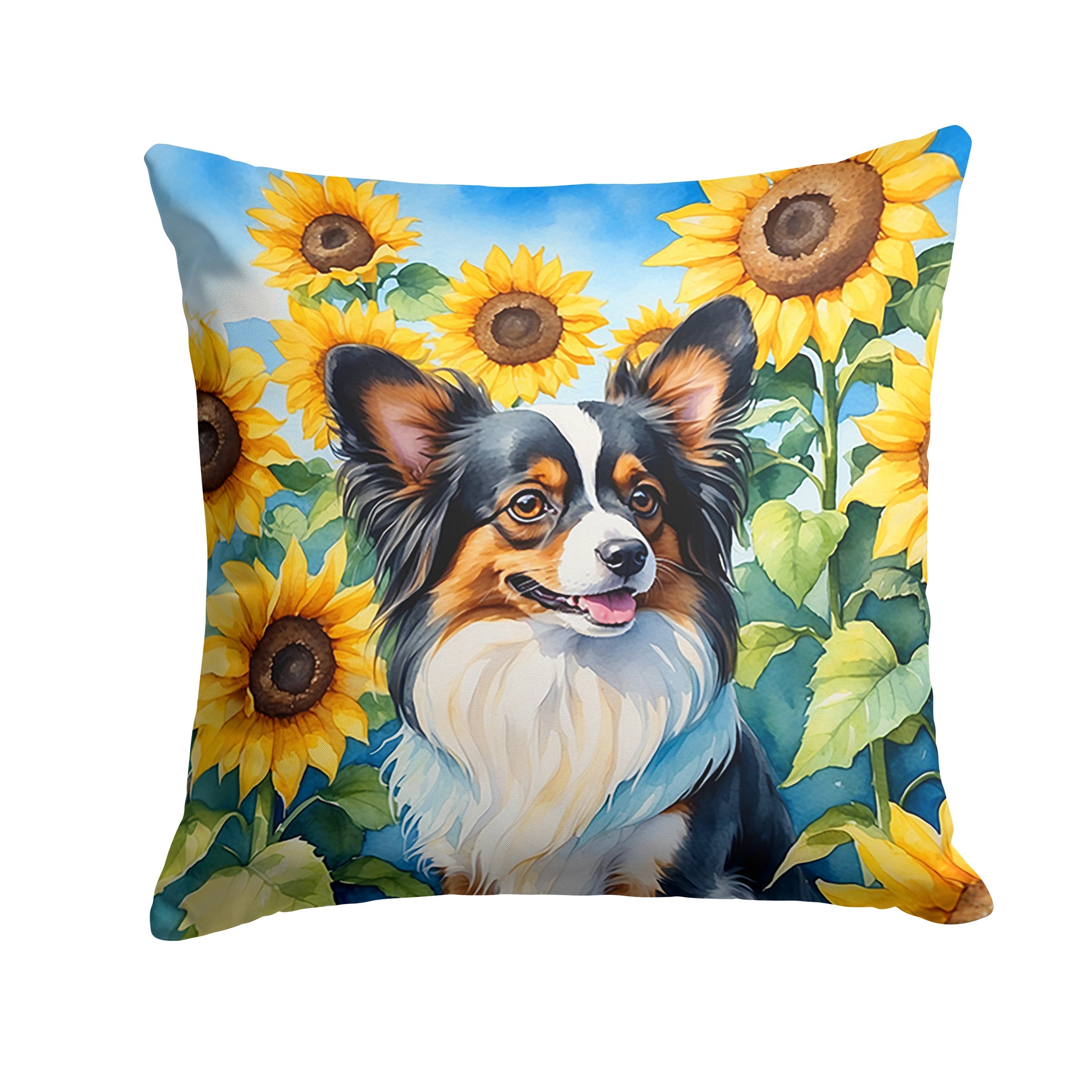 Papillon in Sunflowers Decorative Throw Pillow 14x14 Indoor Outdoor Accent Cushion, Fabric Cover with Insert for Sofa, Bed, Porch & Living Room
