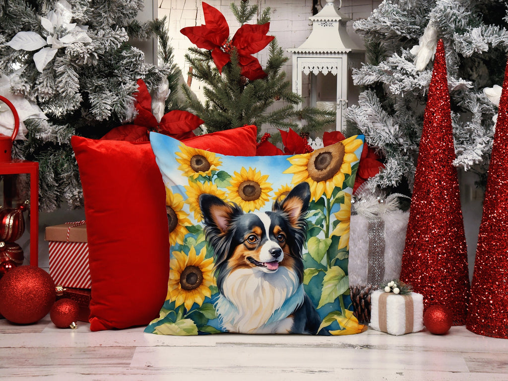 Papillon in Sunflowers Decorative Throw Pillow 14x14 Indoor Outdoor Accent Cushion, Fabric Cover with Insert for Sofa, Bed, Porch & Living Room