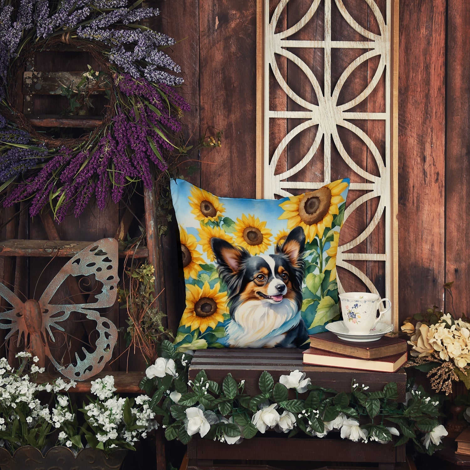 Papillon in Sunflowers Decorative Throw Pillow 18x18 Indoor Outdoor Accent Cushion, Fabric Cover with Insert for Sofa, Bed, Porch & Living Room