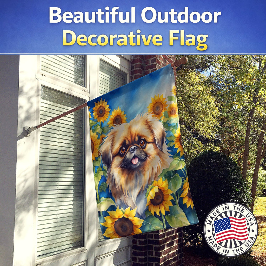 Pekingese in Sunflowers House Flag 28x40 Porch Sleeve Pole Decorative Outside Yard Banner Artwork Wall Hanging, Polyester