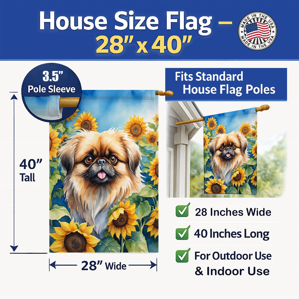 Pekingese in Sunflowers House Flag 28x40 Porch Sleeve Pole Decorative Outside Yard Banner Artwork Wall Hanging, Polyester