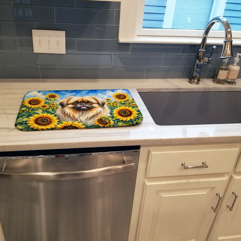 Pekingese in Sunflowers Dish Drying Mat Absorbent Dish Drying Mat Pad for Kitchen Counter Dish Drainer Mat for Countertop, 14 x 21", Multicolor