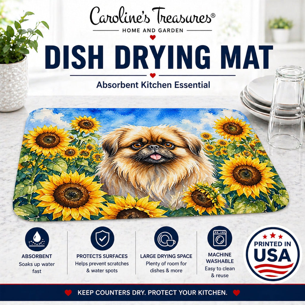 Pekingese in Sunflowers Dish Drying Mat Absorbent Dish Drying Mat Pad for Kitchen Counter Dish Drainer Mat for Countertop, 14 x 21", Multicolor