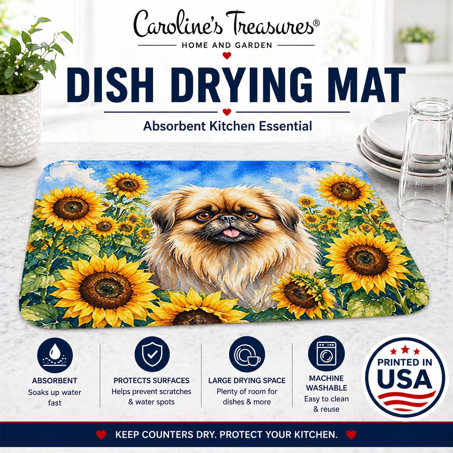 Pekingese in Sunflowers Dish Drying Mat Absorbent Dish Drying Mat Pad for Kitchen Counter Dish Drainer Mat for Countertop, 14 x 21", Multicolor