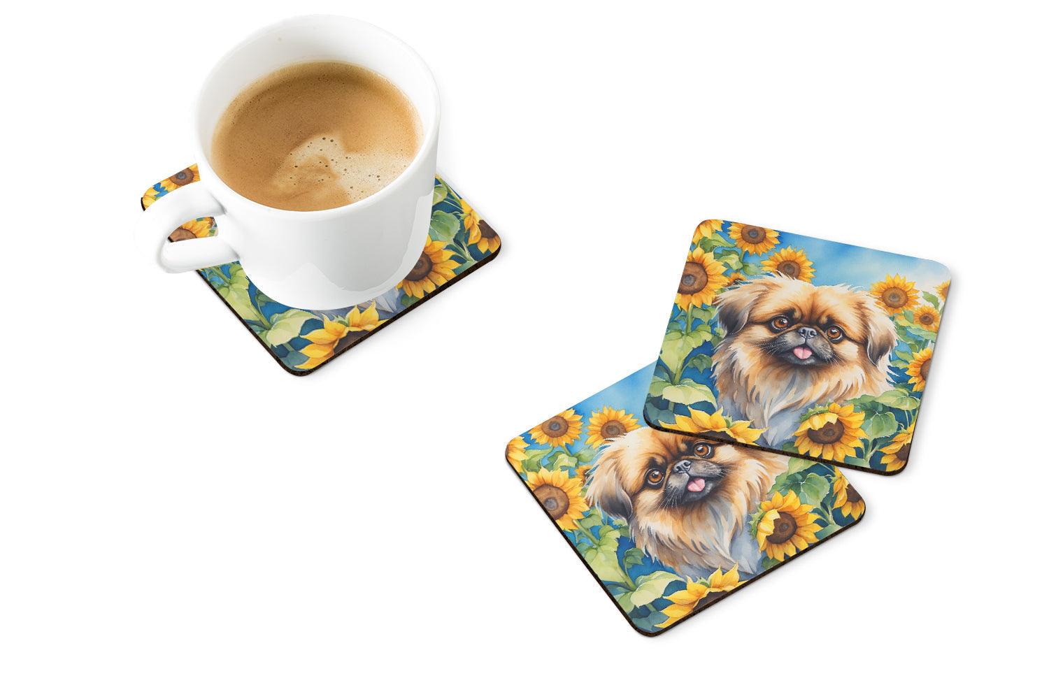 Pekingese in Sunflowers Foam Coasters Set of 4 Cup Coasters for Indoor Outdoor, Tabletop Protection, Anti Slip, Mouse pad Material