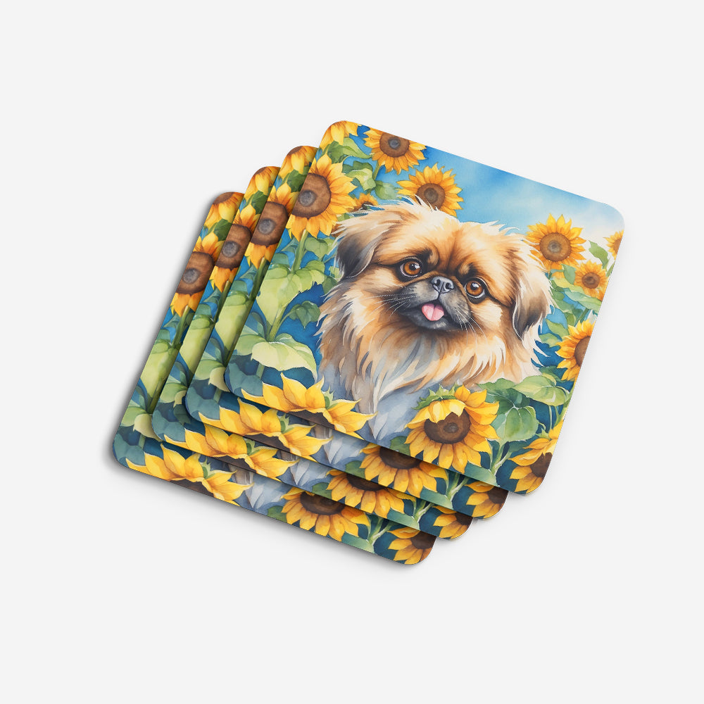 Pekingese in Sunflowers Foam Coasters Set of 4 Cup Coasters for Indoor Outdoor, Tabletop Protection, Anti Slip, Mouse pad Material