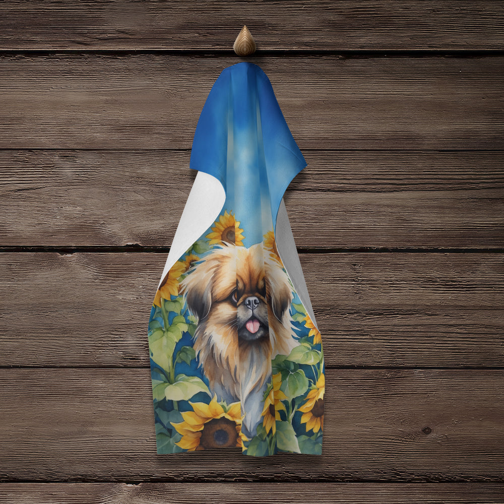 Pekingese in Sunflowers Kitchen Towel Velour Plush Front and Cotton Loop Back Machine Washable